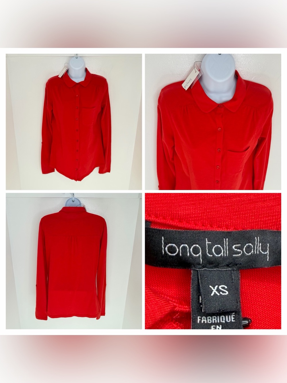 Long Tall Sally NWT The Jersey Shirt Size XS Red Long Sleeve Button‎ Up Office